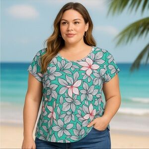 T by Talbots Women’s Top Size 2X Hawaiian Tropical Floral Beach Resort Island